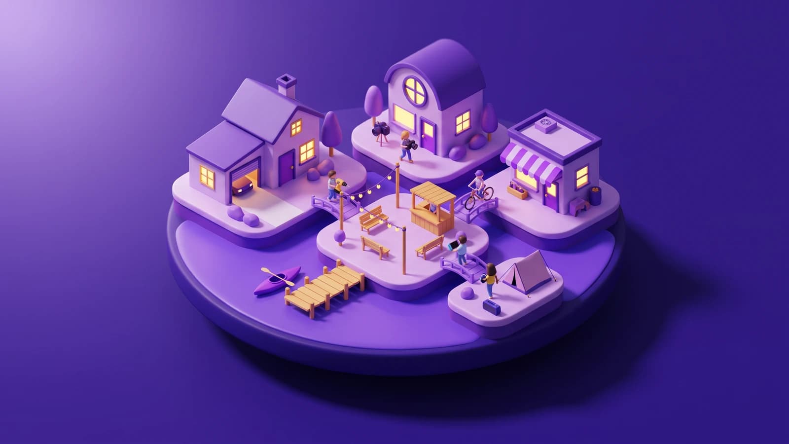 El mundo de Lendify: un barrio en miniatura con una casa, un estudio de fotos, un taller, un muelle y una plaza, unidos por pasarelas.