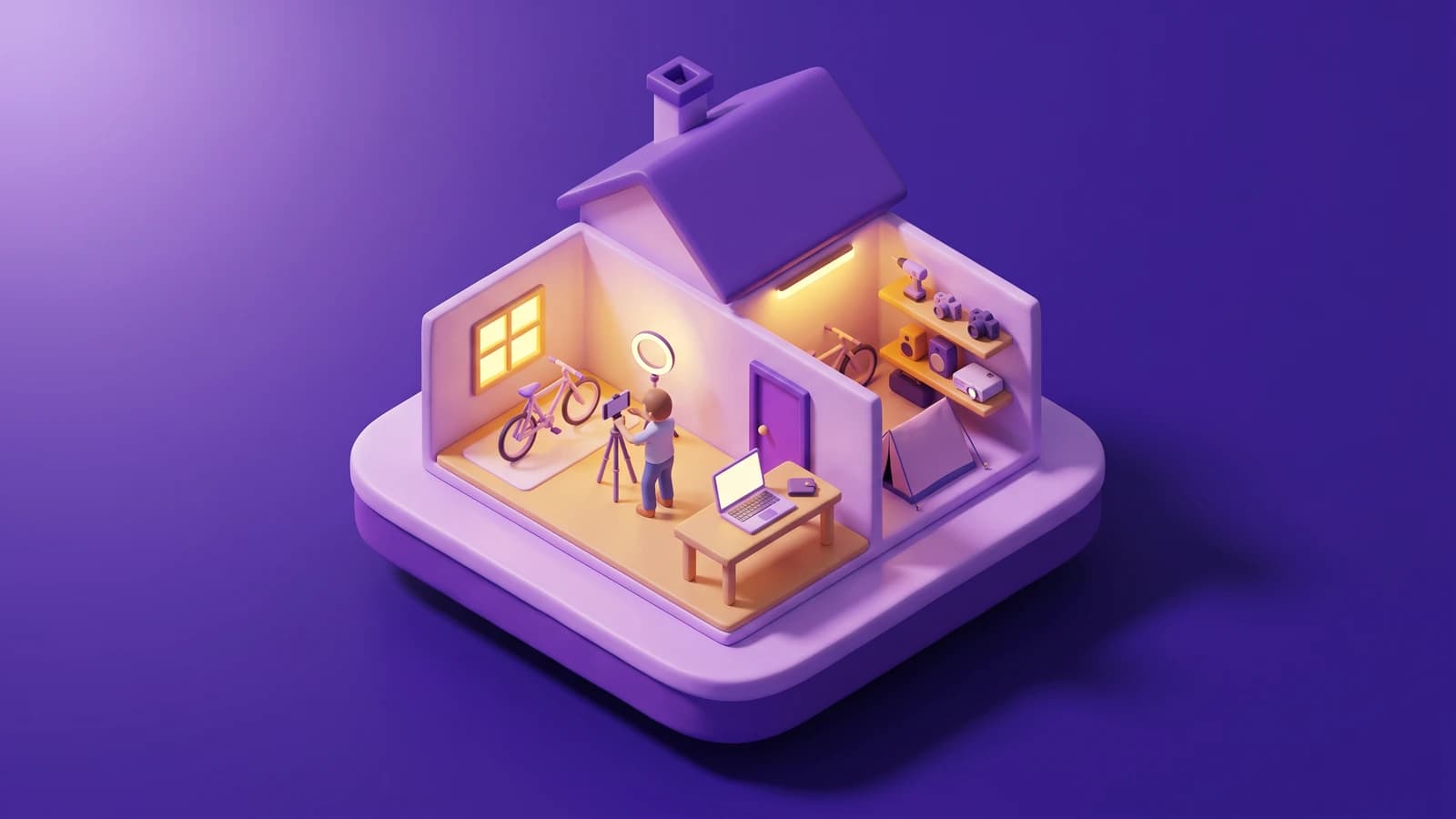Casa del mundo de Lendify con el garaje abierto: bicicleta, taladro, cámara, parlante y proyector en los estantes, y una persona sacando fotos.